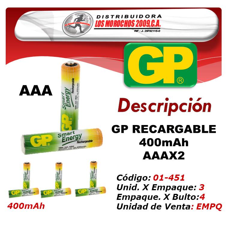 GP RECARGABLE 400mAh AAAX2 3X1
