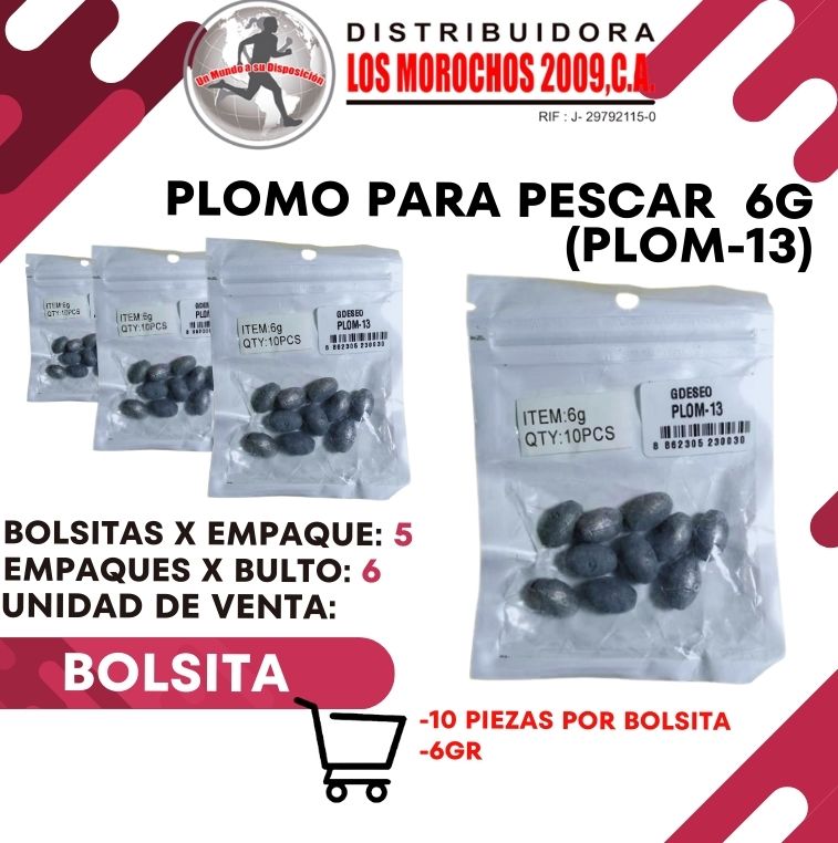 PLOMO P/PESCAR 6G 10PCS 6X1 (PLOM-13)
